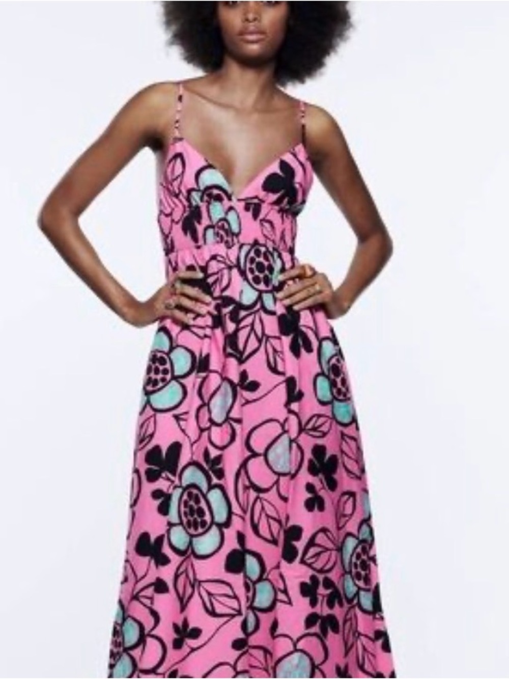 Zara Pink Floral Maxi Dress with Black & Mint Accents